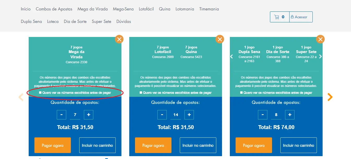 A imagem mostra um círculo destacando a opção de ver os números das apostas do combo de apostas da Mega da Virada 2020