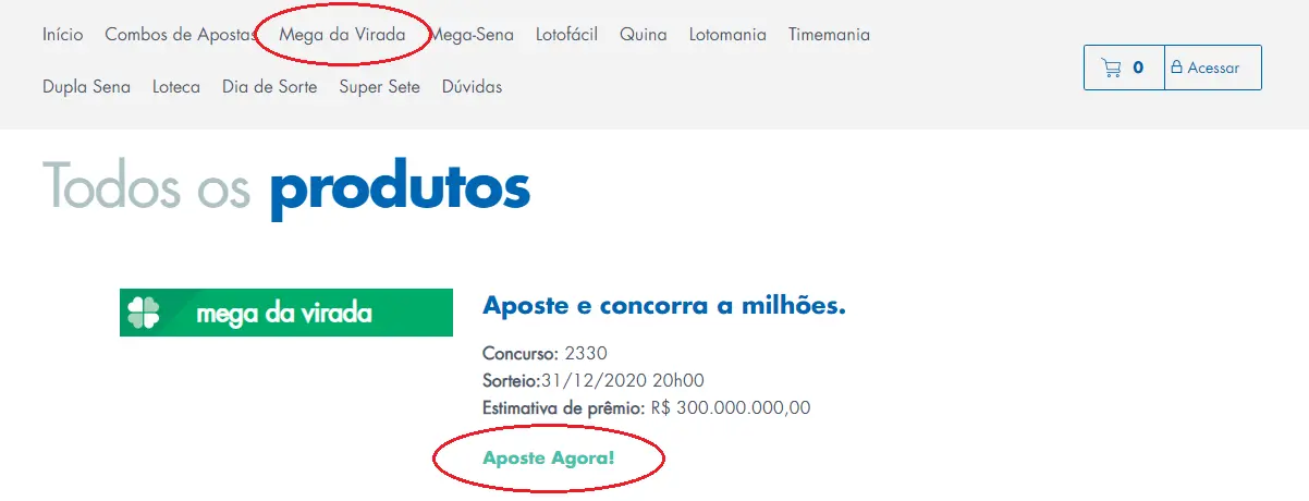 mostra um circulo destacando em vermelho no menu do site da Caixa "Mega da Virada" e outro destacando "Aposte Já"