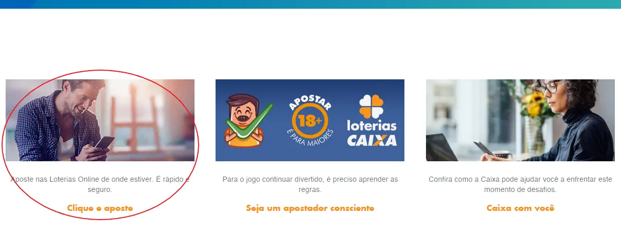 A imagem mostra um círculo em vermelho destacando o campo de aposta online nas loterias do site da Caixa