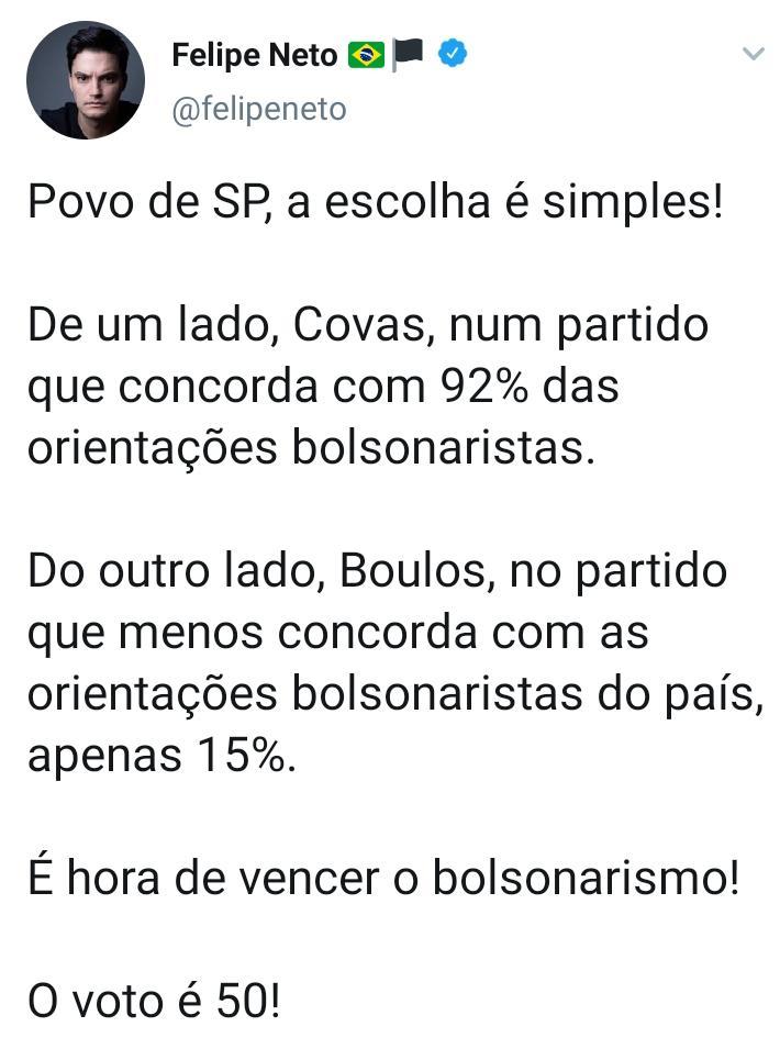 Felipe Neto declara apoio a Boulos nas Eleições 2020 em SP