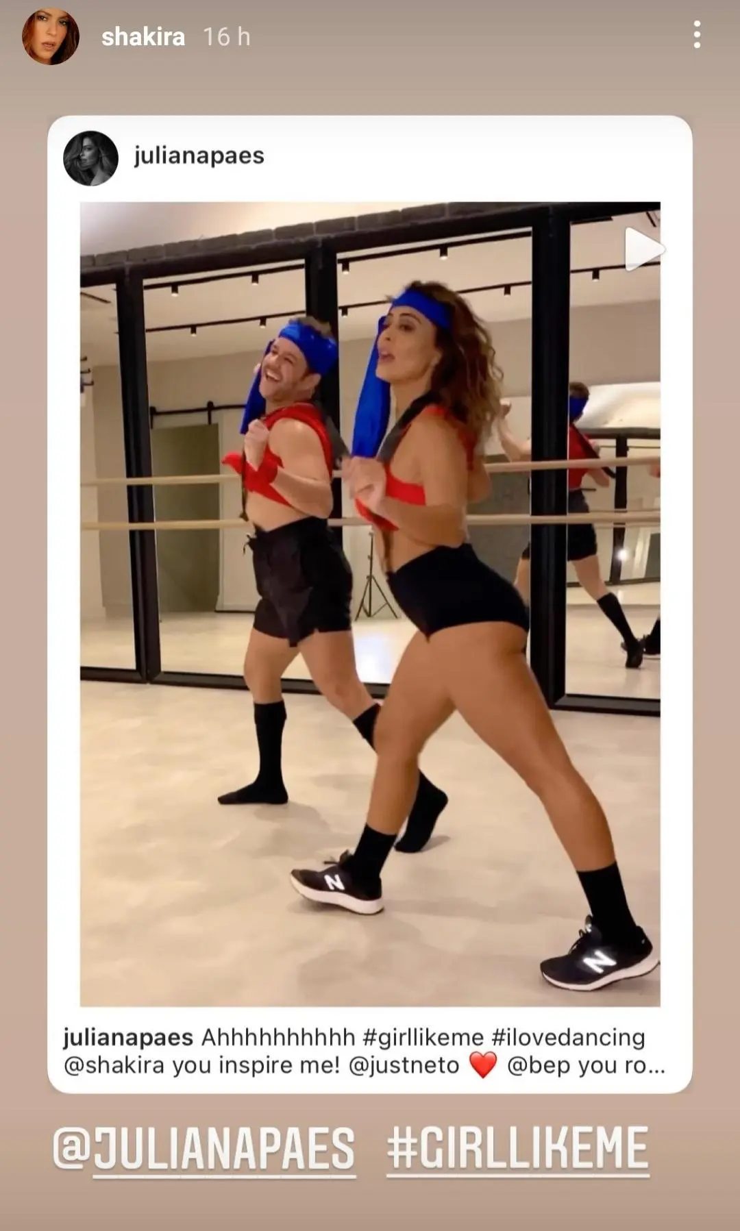 IMagem mostra publicação da Shakira com vídeo de Juliana Paes