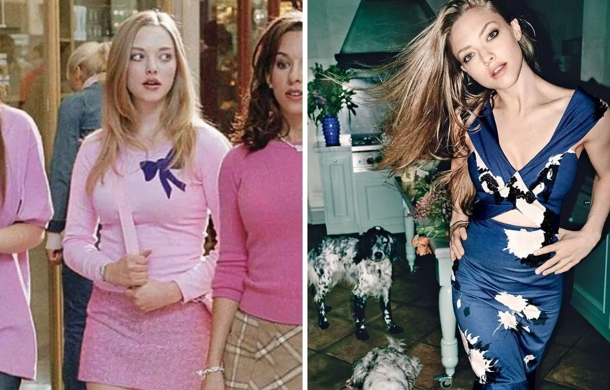 Imagem mostra Amanda Seyfried em Meninas Malvadas e hoje