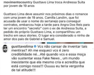 Na imagem um print de Gusttavo Lima falando sobre boatos de affair