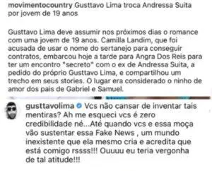 Na imagem um print de Gusttavo Lima falando sobre boatos de affair