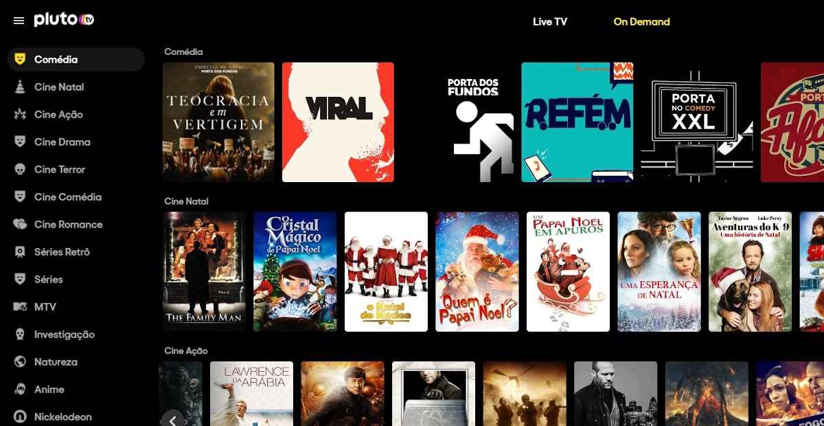Tela inicial do Pluto TV, streaming gratuito
