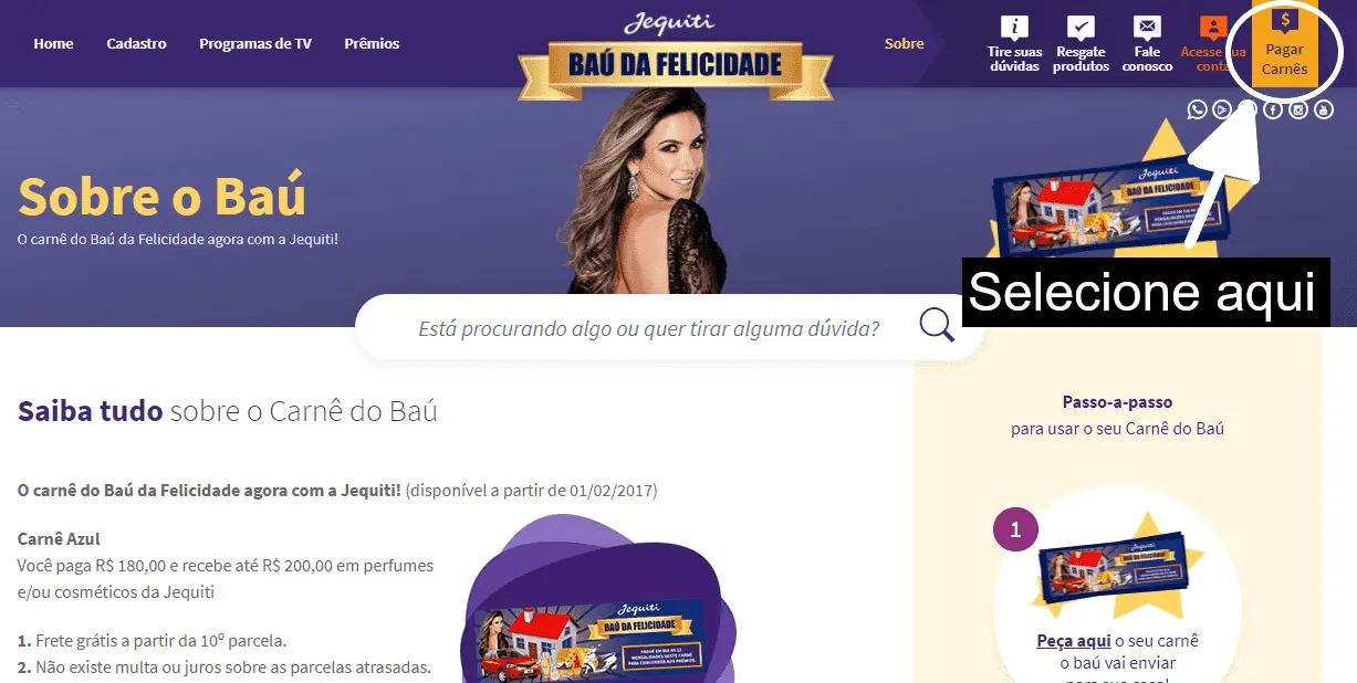 A imagem mostra o site do Baú da Felicidade Jequiti