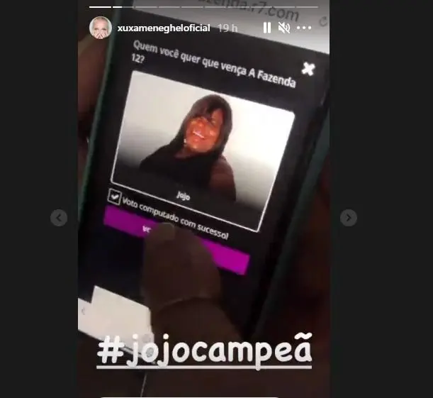 Imagem do instagram de Xuxa sobre A Fazenda 2020