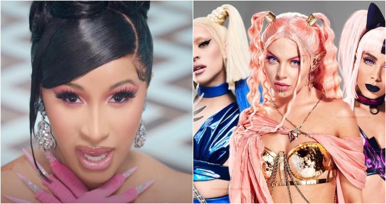 Imagem da rapper americana Cardi B e as cantoras Pabllo Vittar, Luisa Sonza e Anitta