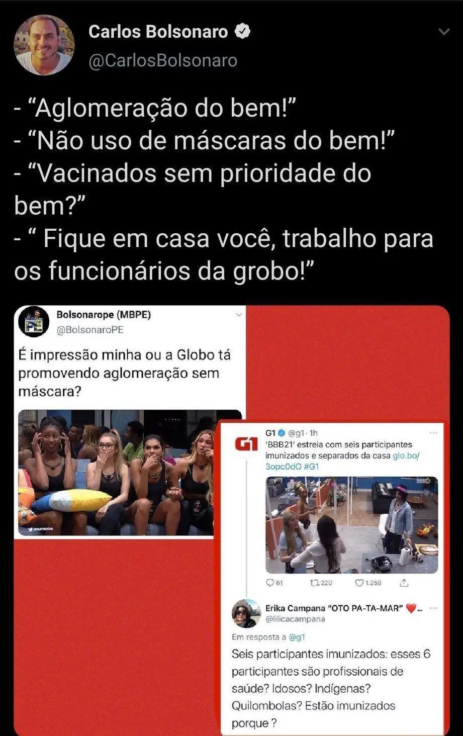 Imagem mostra tuíte de Carlos Bolsonaro sobre os brothers imunizados do BBB