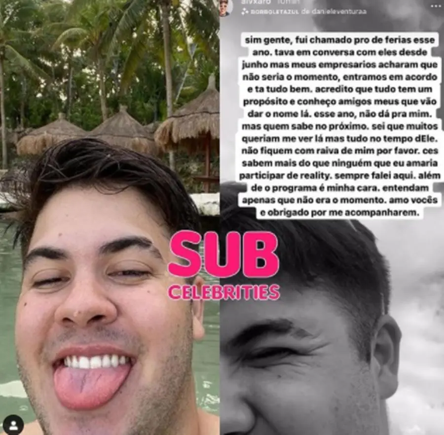 Imagem mostra print do influenciador Álvaro falando sobre o De Férias com o Ex