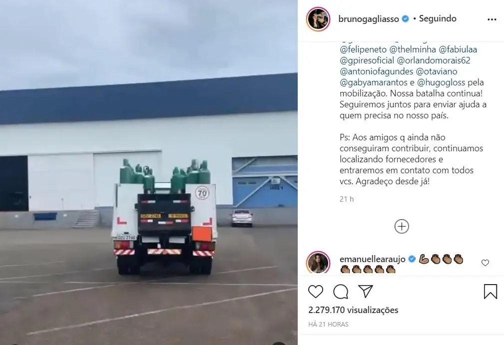 Bruno Gagliasso e outros famosos enviam cilindros a Manaus