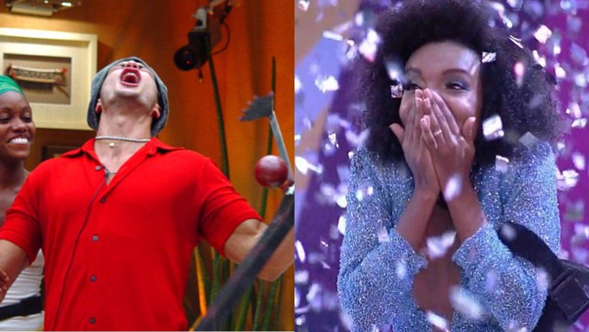 Imagem mostra Kleber Bambam na fiinal do BBB 1 e Thelma Assim na final do BBB 20 PARA Enquete BBB