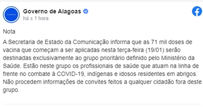 Imagem mostra nota do Governo de Alagoas
