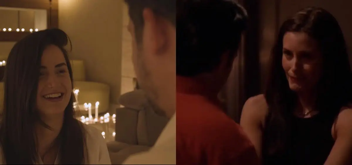 Imagem mostra Pedido de casamento de Mari Palma e de Chandler (Matthew Perry) e Monica (Courteney Cox)