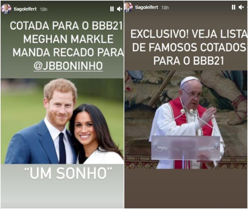 Imagem mostra Stories de Tiago Leifert com Meghan Markle Papa Francisco