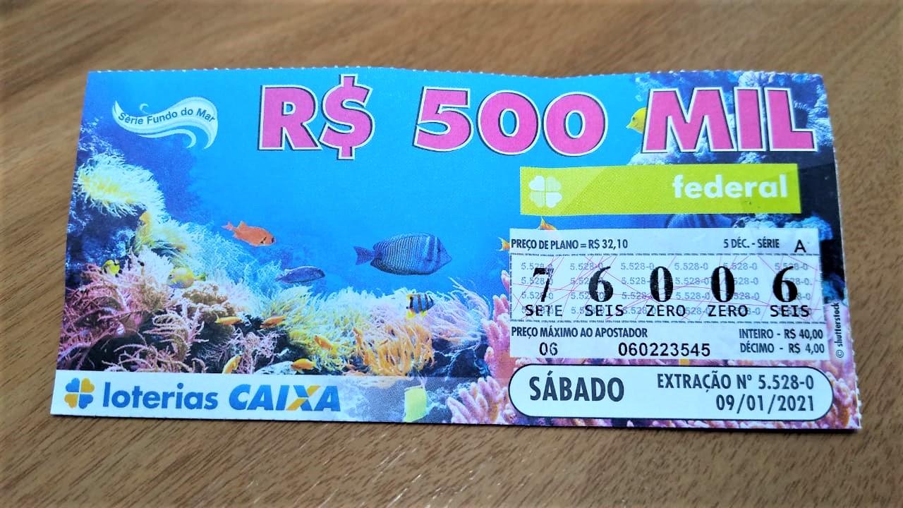 A imagem mostra um bilhete da loteria Federal