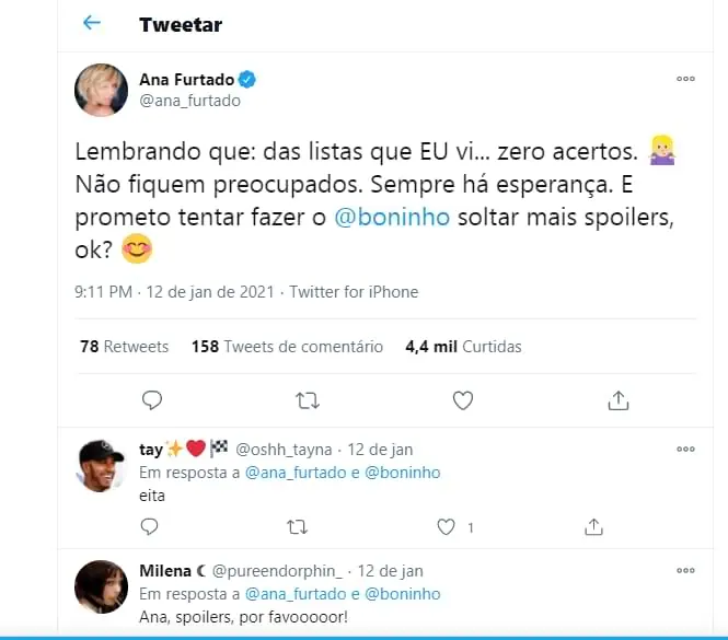 Ana Furtado tweetou sobre o BBB 21