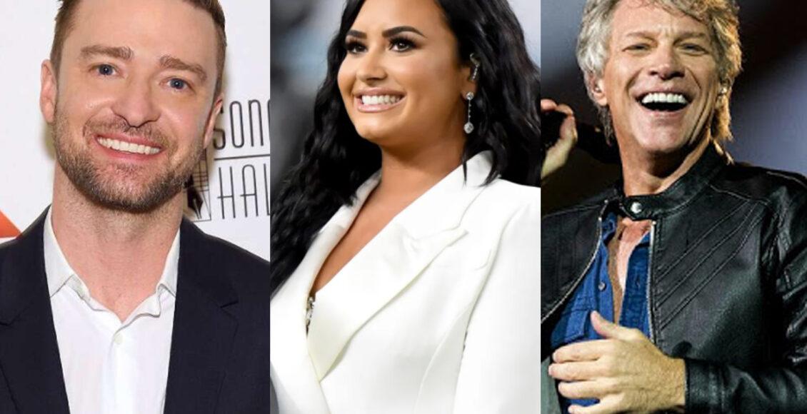 imagem mostra justin timberlake, demi lovato e bon jovi em matéria sobre posse de joe biden