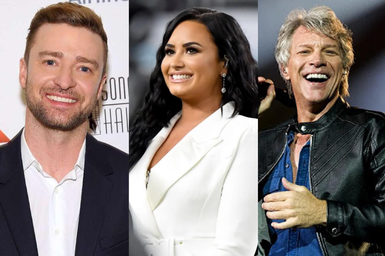 imagem mostra justin timberlake, demi lovato e bon jovi em matéria sobre posse de joe biden