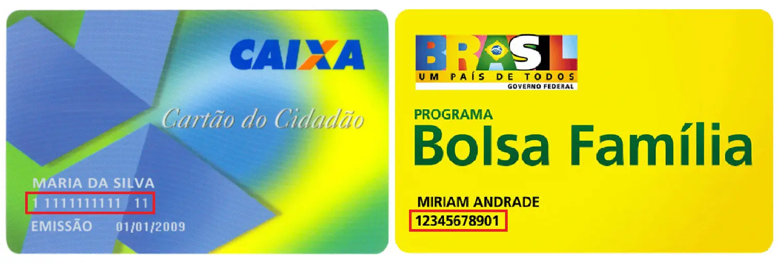 Imagem mostra ao lado direito o Cartão Cidadão e, ao lado esquerdo, o cartão do Bolsa Família. Número do NIS se encontra abaixo do nome, no canto inferior esquerdo do cartão.