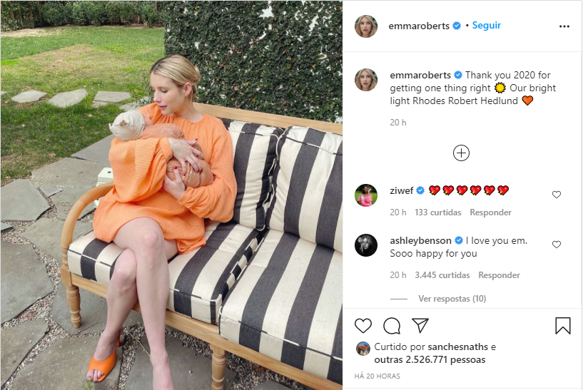 Imagem mostra atriz Emma Roberts e seu primeiro bebê em matéria sobre seu primeiro filho