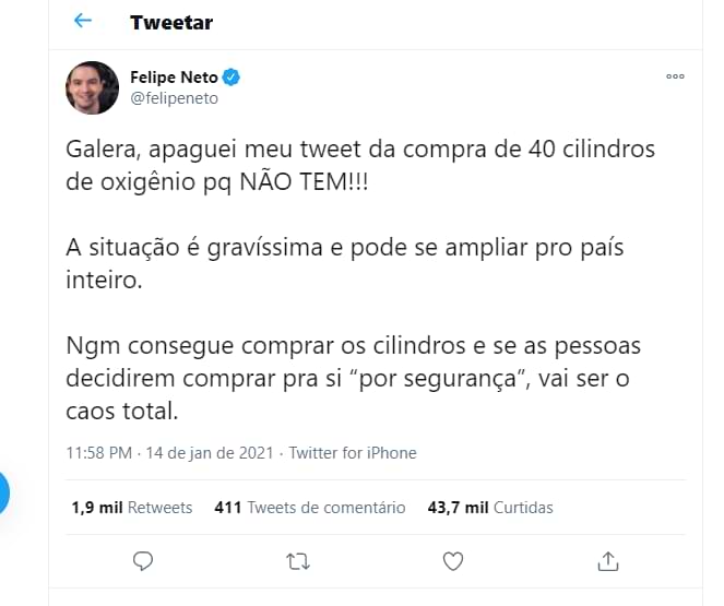 Tweet de felipe neto