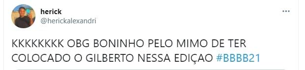 Tweet sobre gilberto no bbb21