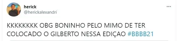 Tweet sobre Gilberto no BBB21