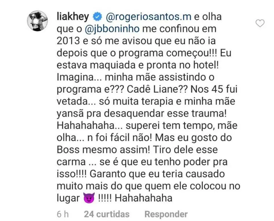 Imagem da resposta de Lia, ex-participante do BBB