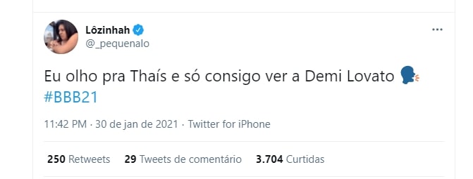 Tweet sobre Thaís do BBB21