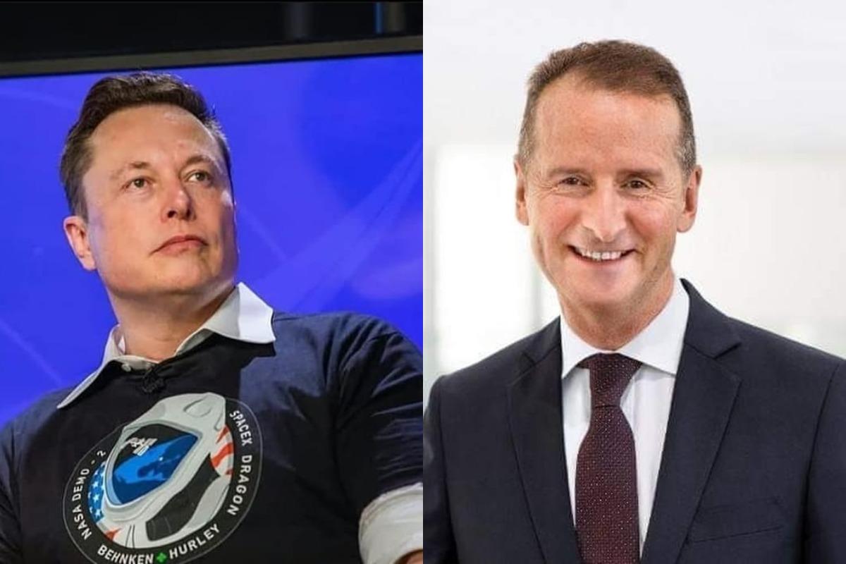 Imagem mostra Elon Musk à esquerda e Hebert Diess à direita
