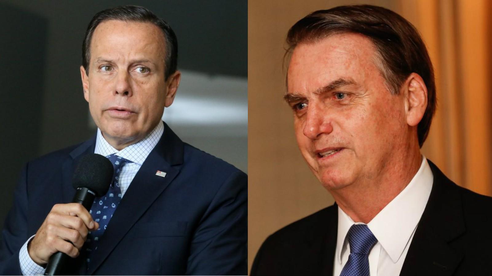 imagem mostra joão doria irritado e bolsonaro em materia sobre troca de farpas entre os políticos
