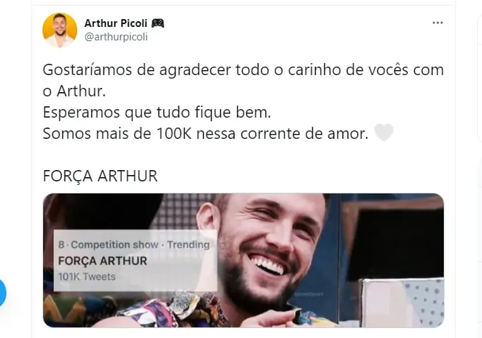 Tweet do perfil do brother