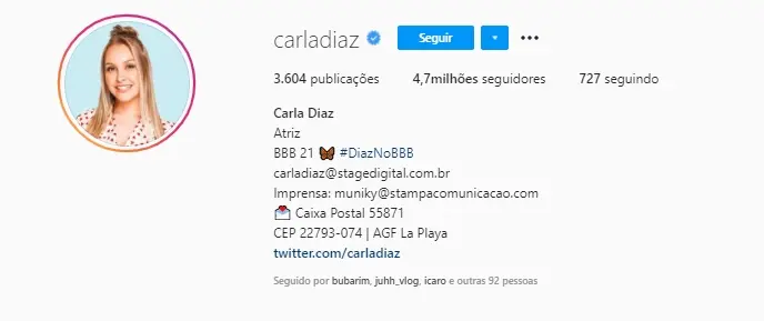 Na imagem Carla Diaz Instagram