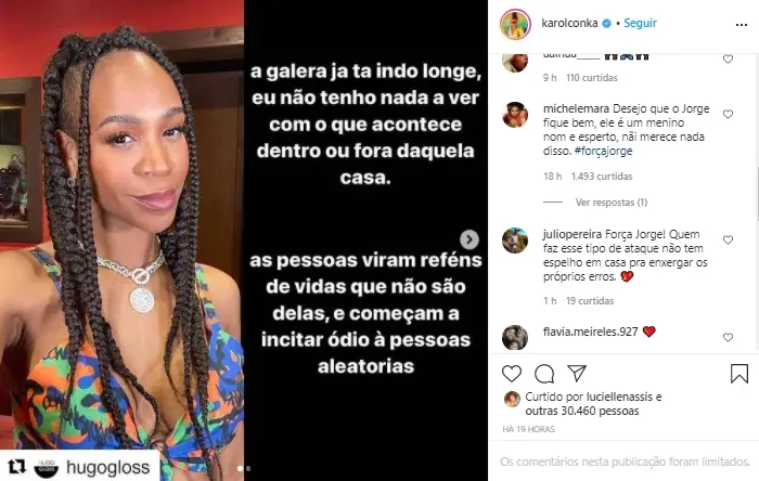 Imagem mostra Desabafo e apoio de internautas ao filho de Karol Conka do BBB21