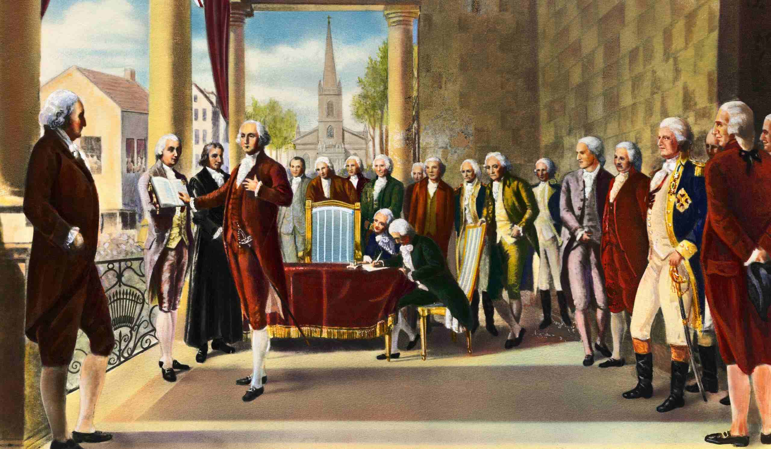 Quadro retrata a posse do primeiro presidente americano, George Washington