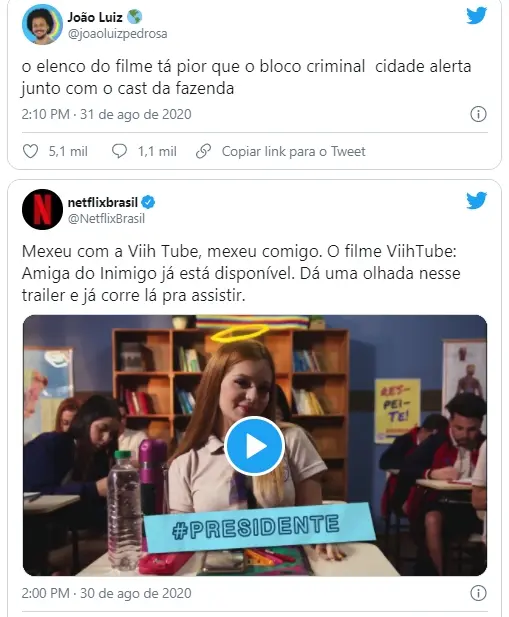 Na imagem João fala mal do filme de Viih Tube no Twitter