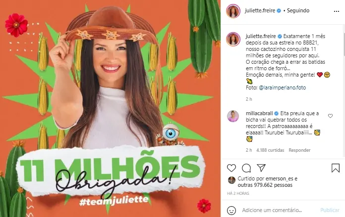Na imagem Juleitte do BBB21 - 11 milhões de seguidores no Instagram
