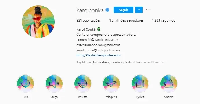 Imagem mostra Instagram de Karol Conka
