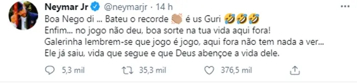 Imagem mostra print em que Neymar fala da eliminação de Nego Di do BBB 21