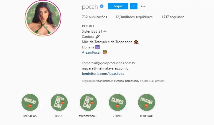 Na imagem Pocah seguidores no Instagram