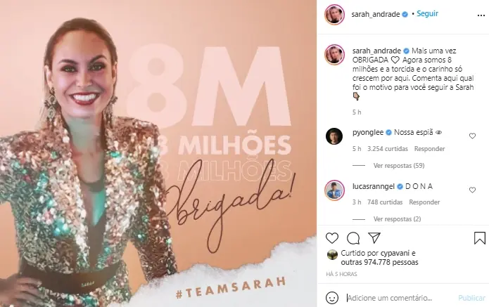 Imagem com print Sarah chega a 8 milhões de seguidores no Instagram - BBB21