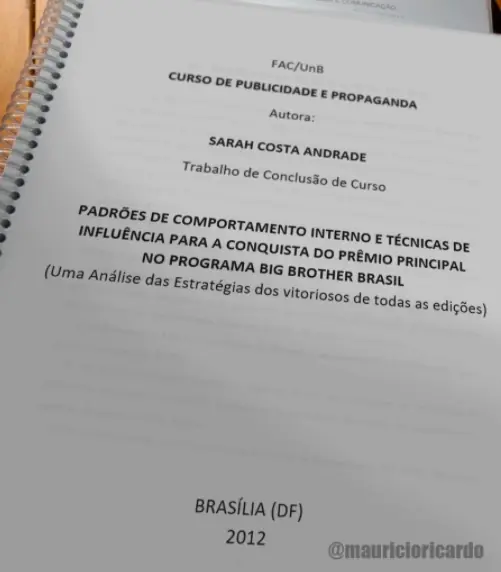 Imagem mostra TCC de Sarah do BBB21