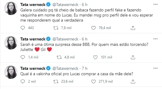 Imagem mostra Tatá Werneck fala em ajudar Lucas do BBB21