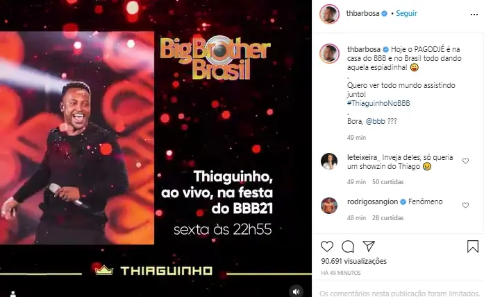 Imagem mostra Thiaguinho que vai cantar no BBB21