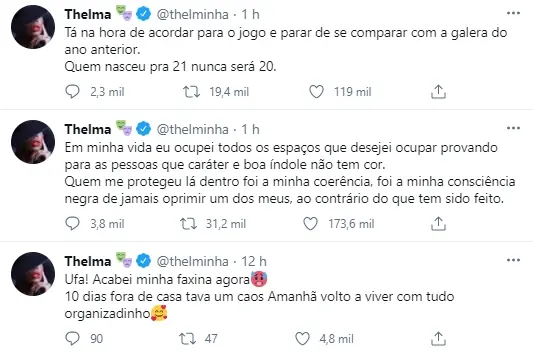 Imagem mostra print em que Thelma responde Karol Conta do BBB21