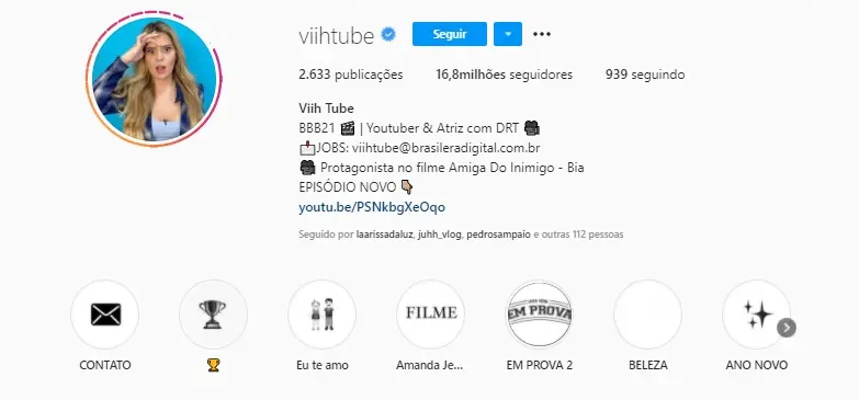 Imagem mostra Viih Tube no Instagram