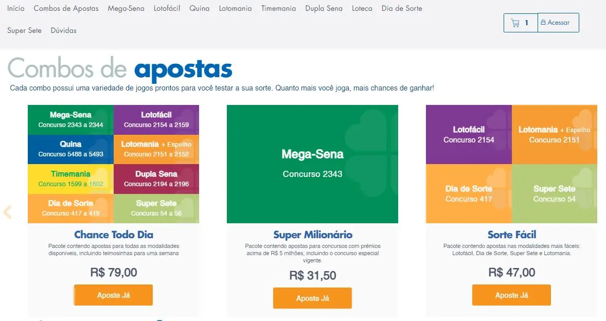 A imagem mostra a página centra de apostas das Loterias Caixa