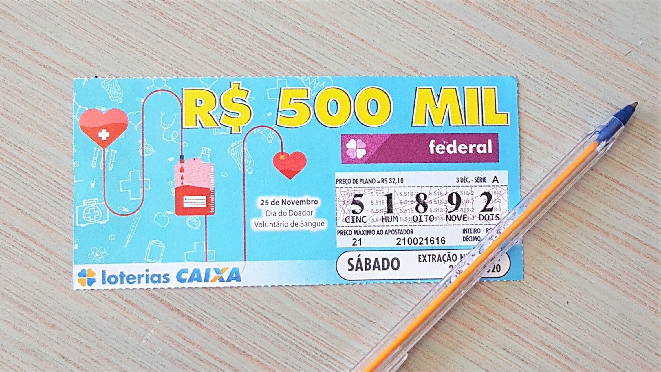 A imagem mostra um bilhete da loteria Federal