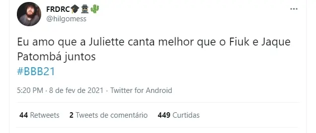Tweet sobre o BBB 21
